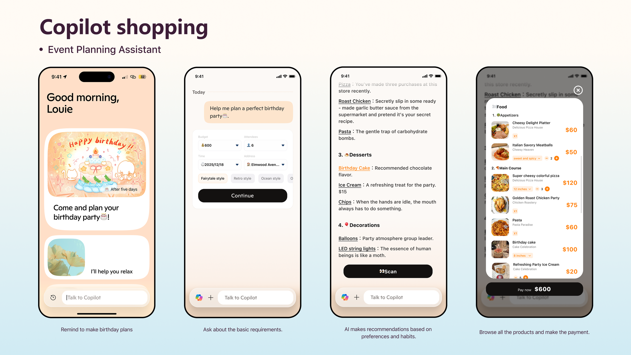Copilot shopping birthday planning flow